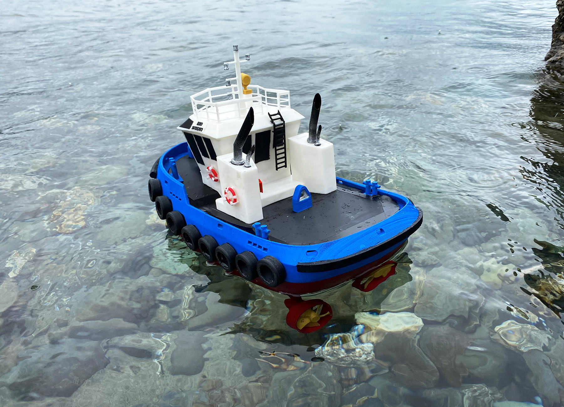 Completed tugboat in the water