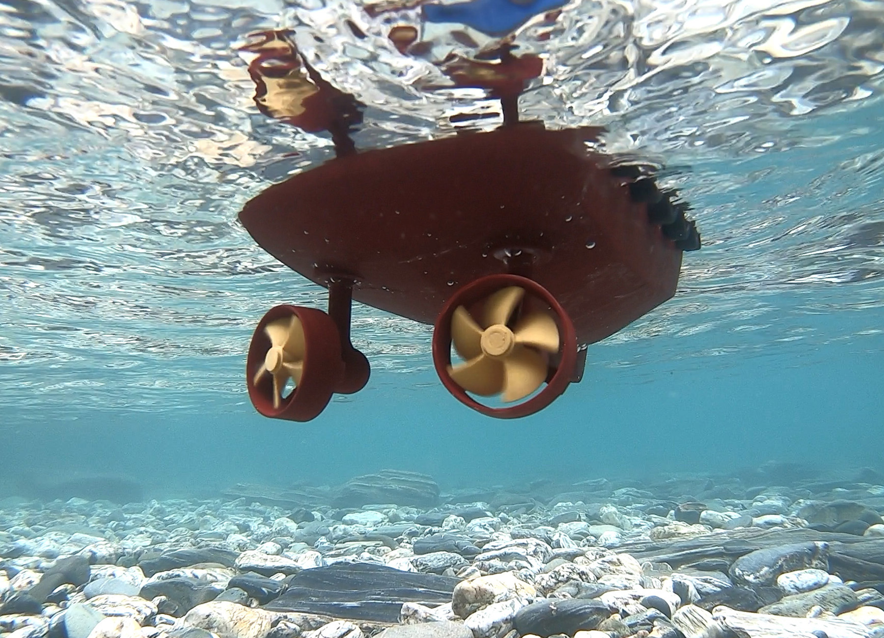 Underwater view of thrusters and hull